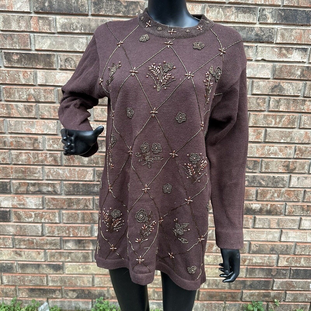 Vintage 80s Victoria Jones Sweater Womens‎ Size Small Beaded Floral Brown